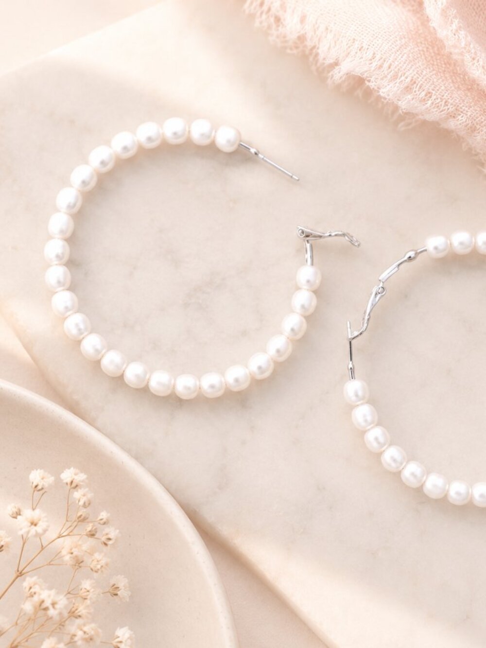 Large Pearl & Silver Hoop Earrings – 65mm